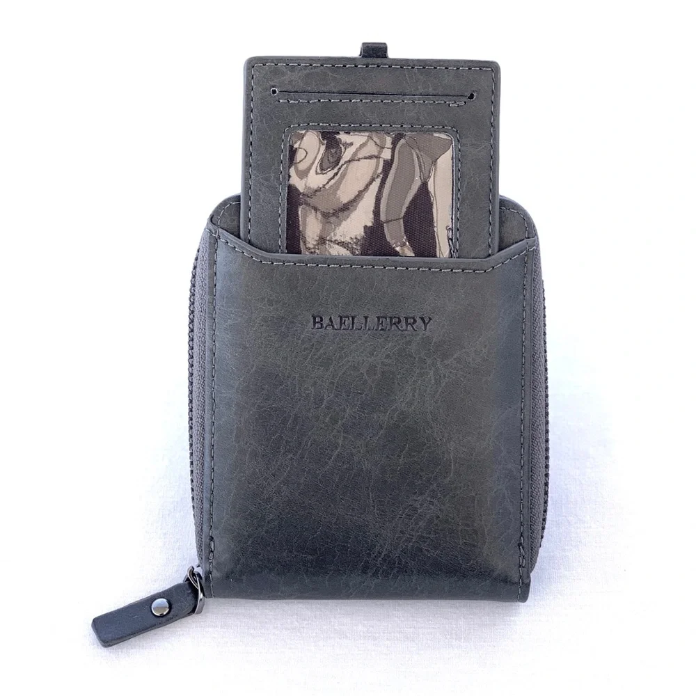 BAELLERRY Gray Bifold Zip Travel PU Leather Wallet with Removable ID Slide Case